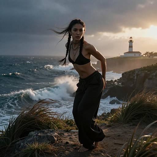 Young Woman Posing on Ocean Cliff with Lighthouse at Sunset Gen Z Style
