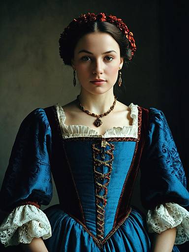 Woman in Renaissance Gown Waist Up Editorial Portrait Photorealistic