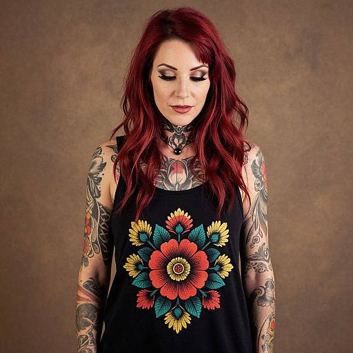 Woman with Red Hair and Floral Tattoos Wearing Colorful Flower Tank Top