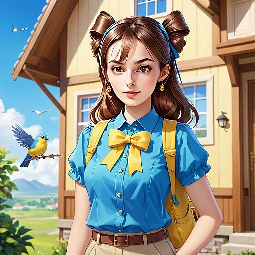 Retro Style Woman in Blue Blouse with Yellow Bow Outdoors by Countryside House