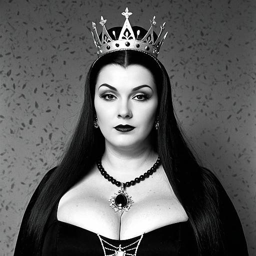 Plus Size Woman in Lily Munster Costume with Crown and Black Dress