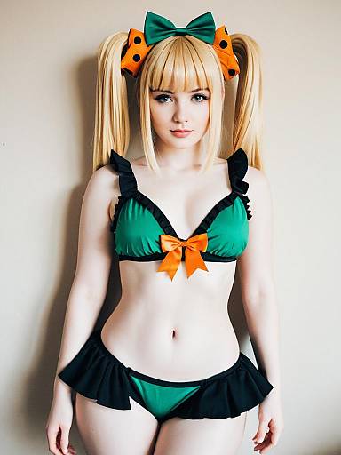 Woman in Emerald Green and Black Bikini with Orange Bows Cosplay