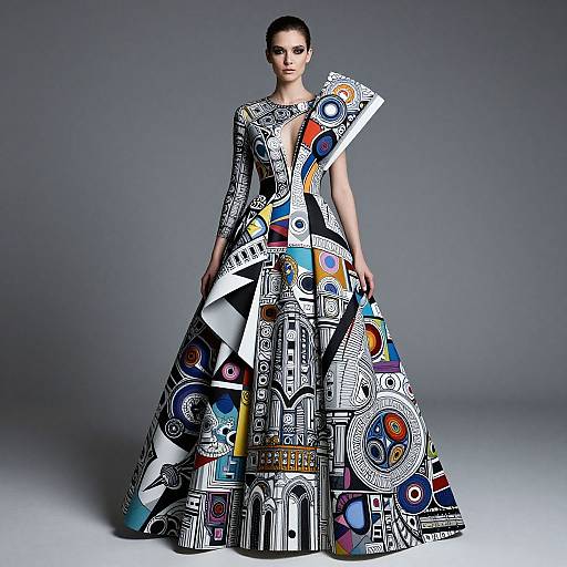 Avant-Garde Architectural Abstract Print Couture Gown with Asymmetrical Design