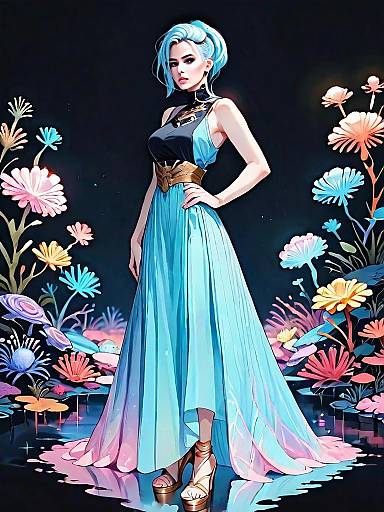 Dark Fantasy Full-Body Portrait of Woman in Blue Gown with Colorful Floral Night Scene