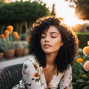 Serene Woman in Floral Blouse Surrounded by Orange Flowers