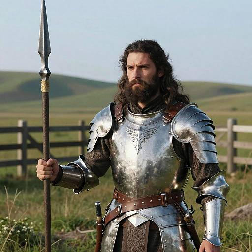 Medieval Knight in Full Armor Holding Spear Outdoors
