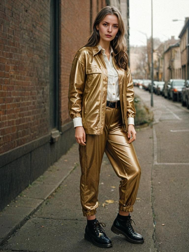 Stylish Woman in Gold Outfit with Combat Boots