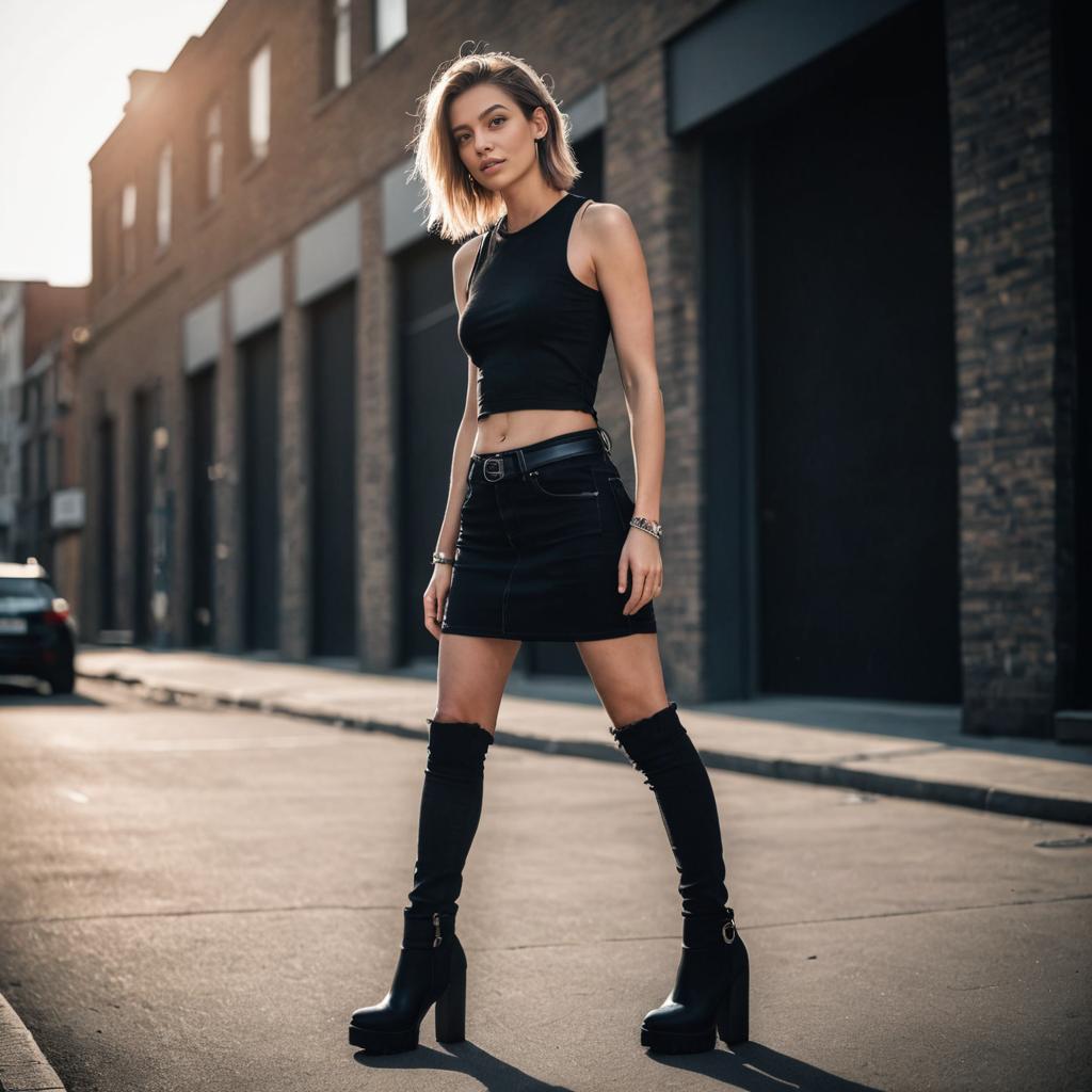 Edgy young woman in jeans skirt and high-heeled boots