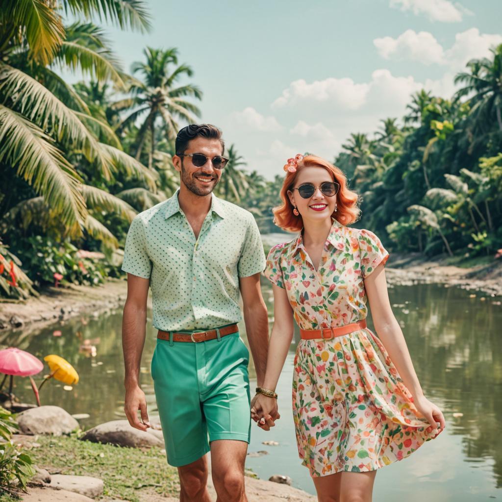 Vintage Couple Walking in Scenic Tropical Setting