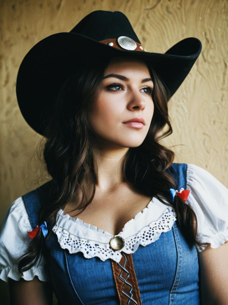 Woman in Cowgirl Fancy Dress Costume Cosplay Editorial Portrait