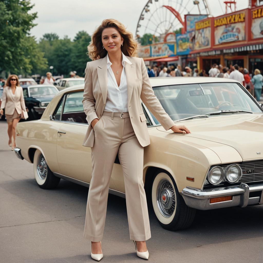 Confident Woman in Chic Beige Suit with Classic Car