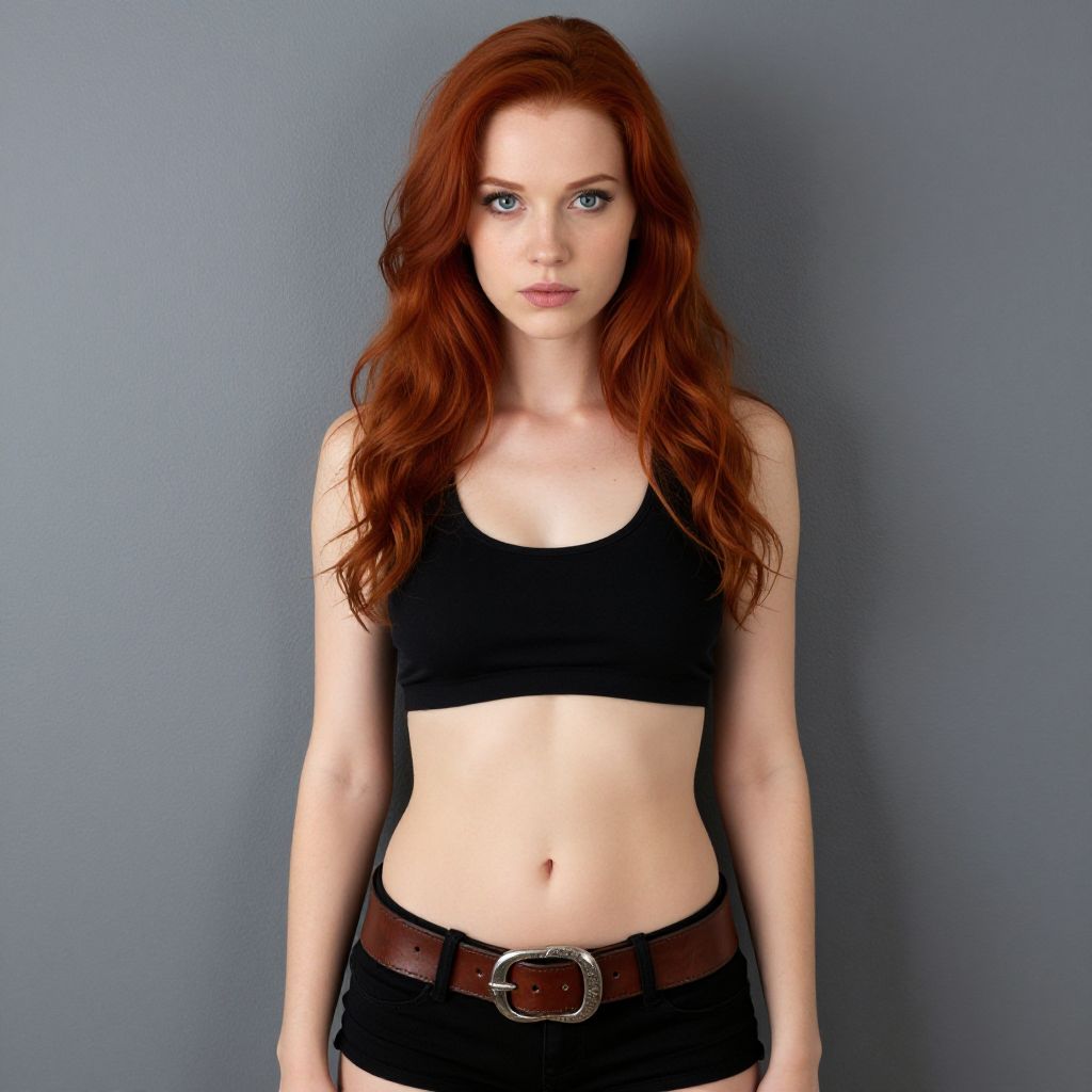 Confident Redhead Woman in Black Crop Top and Shorts Against Gray Wall
