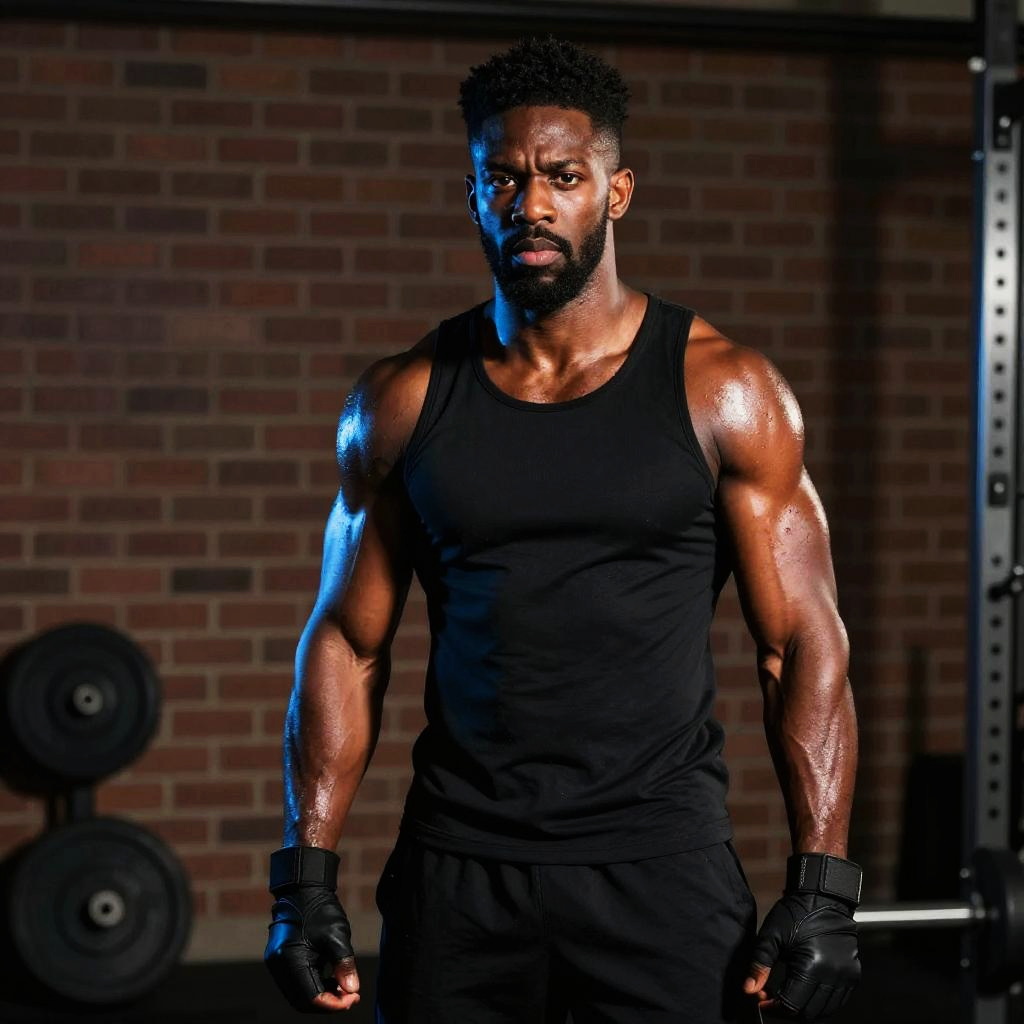 Muscular Man Intense Workout Session in Gym Black Tank Top