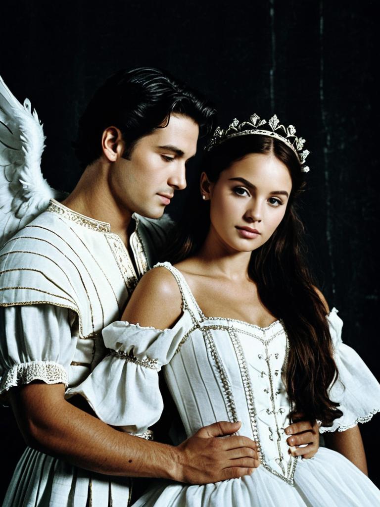Romantic Couple in Romeo and Juliet Angel Costumes Photorealistic Studio Portrait