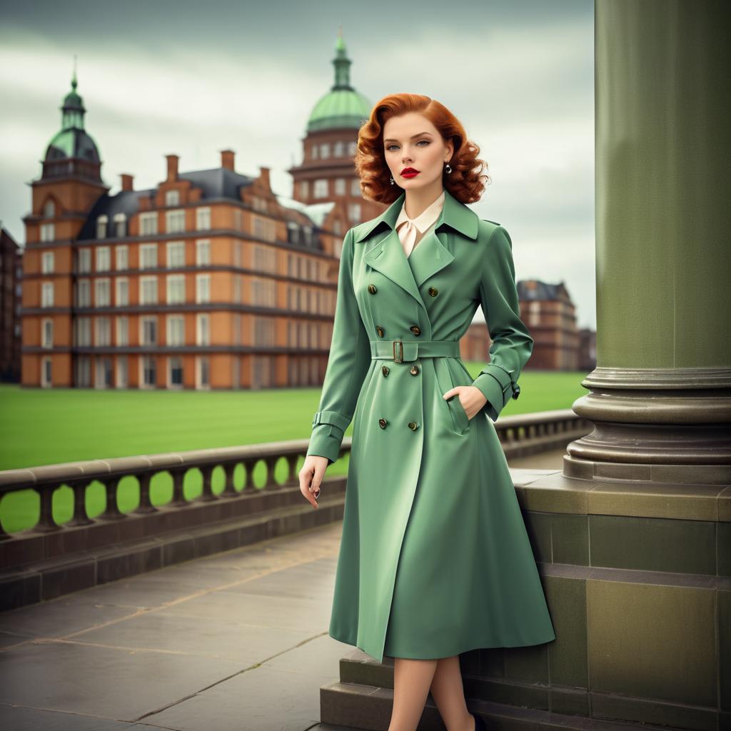 Elegant Woman in Vintage Green Trench Coat