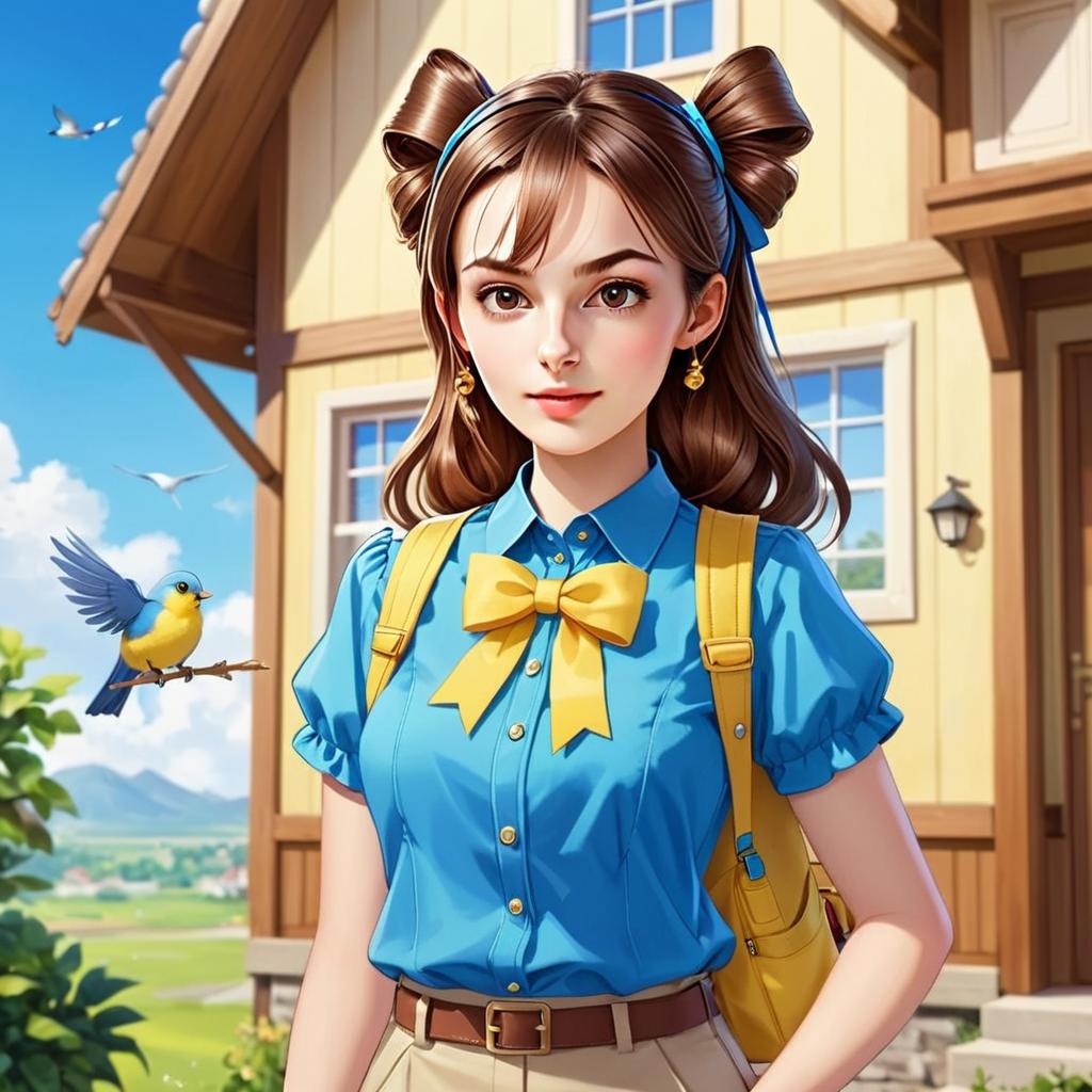 Retro Style Woman in Blue Blouse with Yellow Bow Outdoors by Countryside House