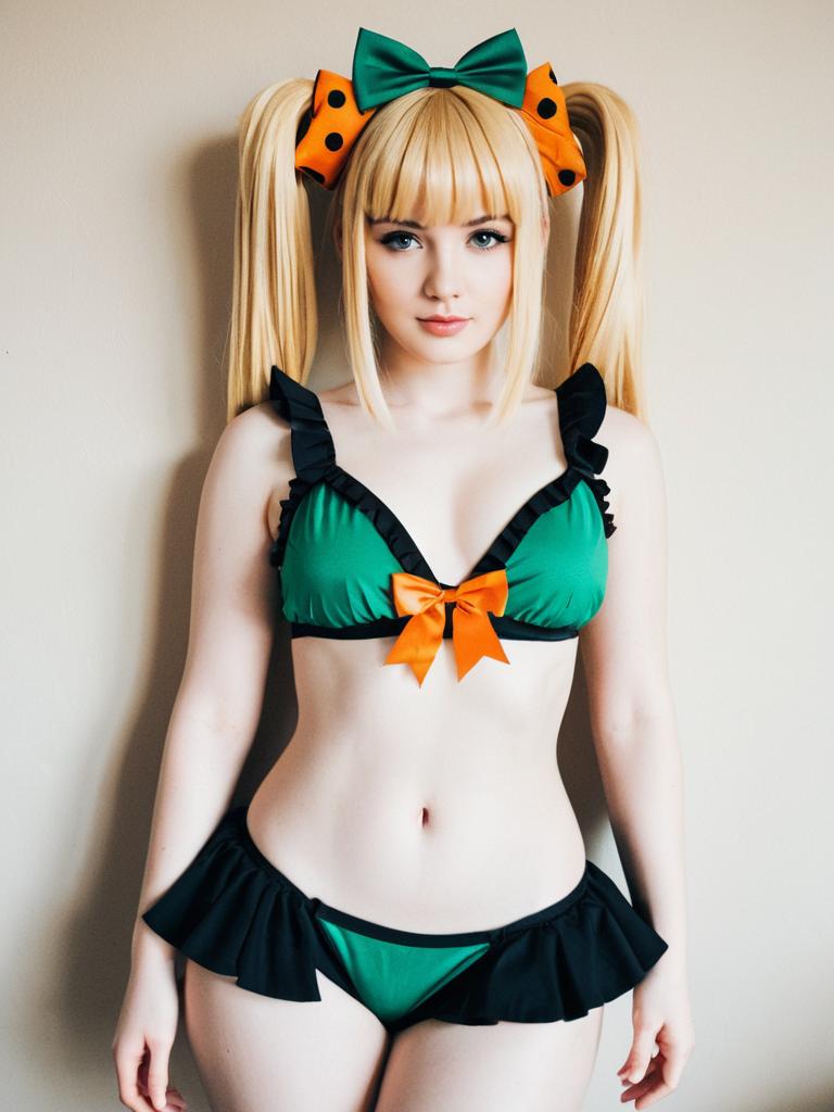 Woman in Emerald Green and Black Bikini with Orange Bows Cosplay
