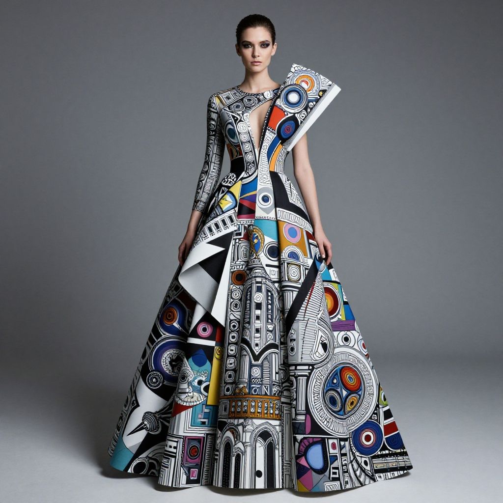 Avant-Garde Architectural Abstract Print Couture Gown with Asymmetrical Design