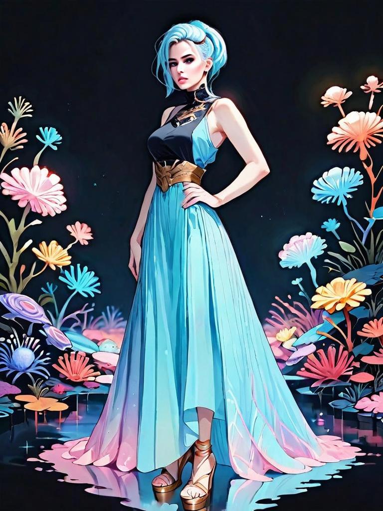 Dark Fantasy Full-Body Portrait of Woman in Blue Gown with Colorful Floral Night Scene