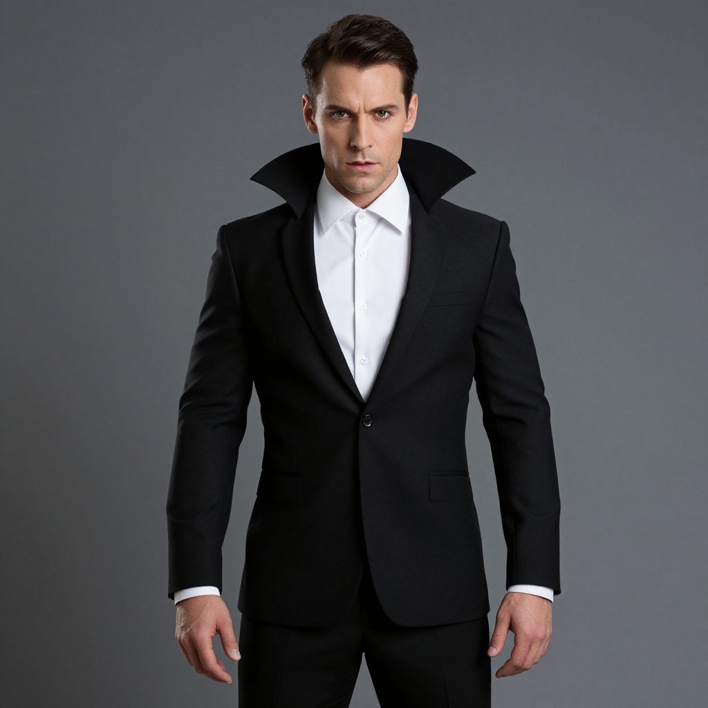 Stylish Man in Black Suit with High Collar on Gray Background