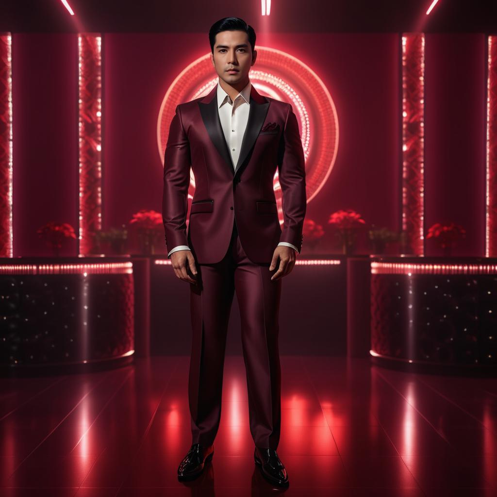 Dapper Man in Maroon Suit with Neon Lights