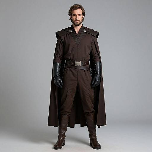 Man Wearing Dark Brown Medieval-Inspired Cape and Leather Costume