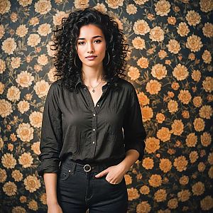 Confident Woman in Vintage Floral Setting