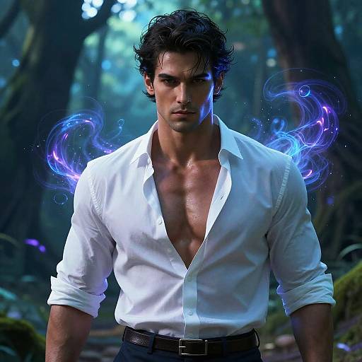 Mystical Young Man with Magical Aura in Fantasy Forest Background