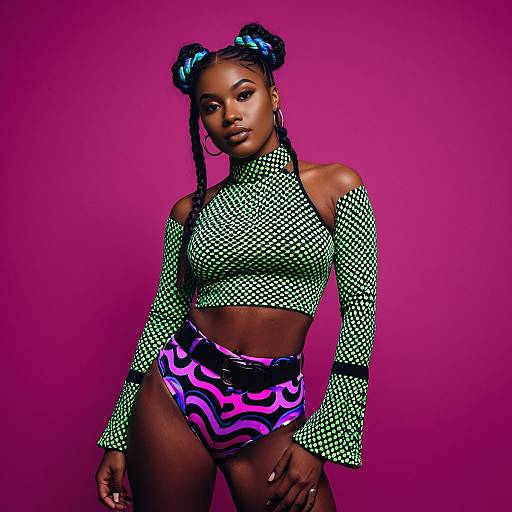 Confident Woman in Bold Patterned Crop Top and Psychedelic Shorts Against Magenta Background