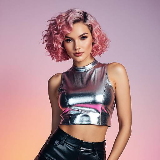 Trendy Woman with Pink Hair in Metallic Silver Crop Top and Black Leather Pants