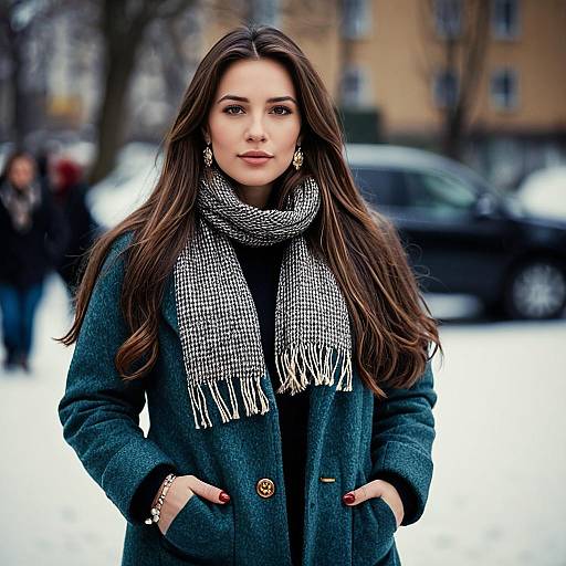 Woman Wearing Warm Winter Clothes with Scarf and Teal Coat