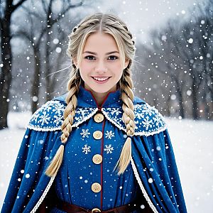 Young Woman in Blue Cloak in Snowy Landscape