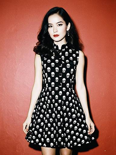 Woman in Gothic-Inspired Black Sleeveless Dress with Skull Print