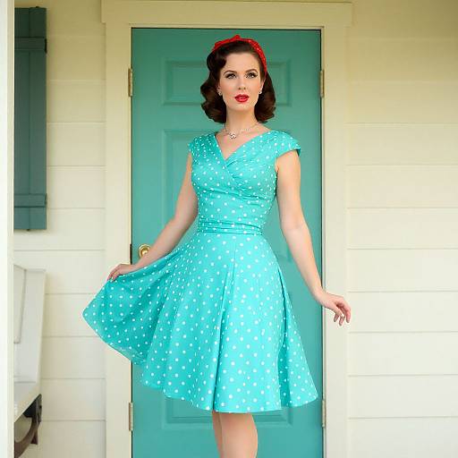 Retro 1950s Woman in Turquoise Polka Dot Dress Vintage Style