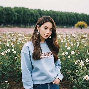 Young woman in flower field with floral earrings