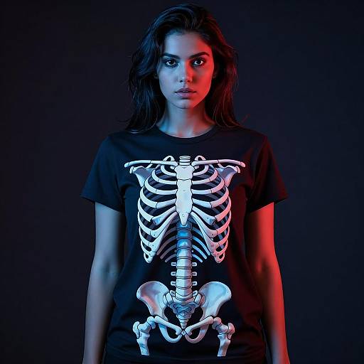 Young Woman Wearing Skeleton Print T-Shirt in Dramatic Lighting