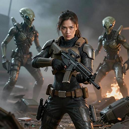 Civit Realistic Sci-Fi Woman Soldier with Aliens in Futuristic Battle