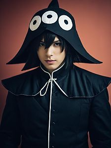 Man in Realistic Monodora Cosplay Costume with Black Hat and White Eyes