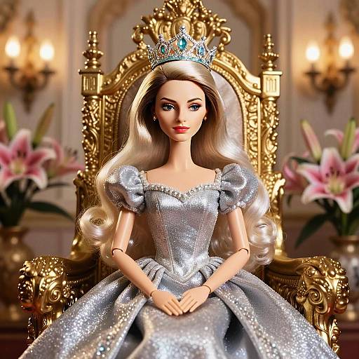 Elegant Princess Doll in Silver Gown on Golden Throne