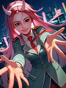 Young Woman with Pink Hair in Teal Jacket - Night Cityscape