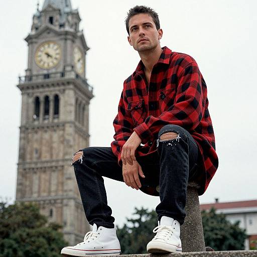 Young Man in Red Checkered Shirt Sitting Near Historic Clock Tower Urban Street Style
