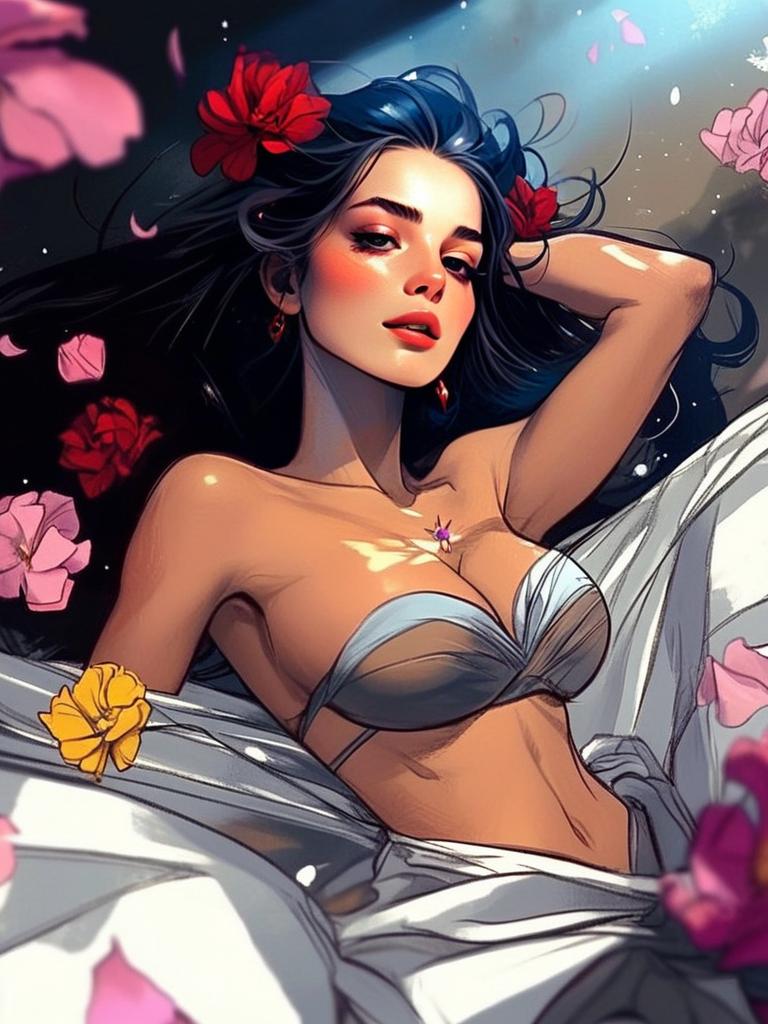 Stylized Digital Illustration of Young Woman with Flowers and Flowing Hair