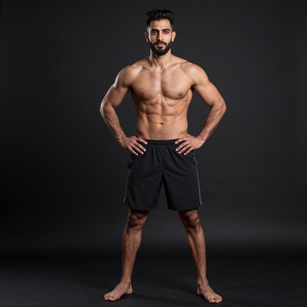 Fit Muscular Man Standing Confidently in Black Shorts on Dark Background