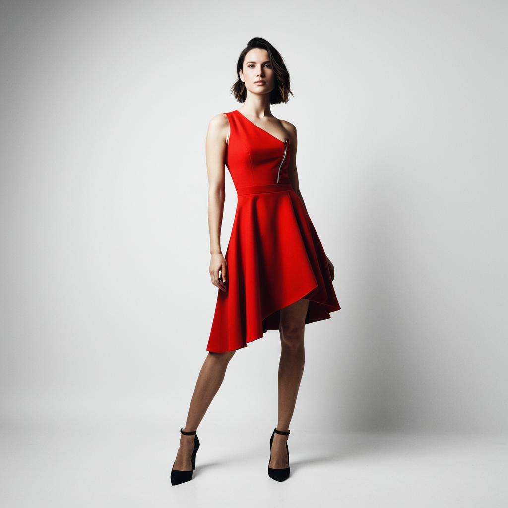 Confident Woman in Asymmetrical Red Dress