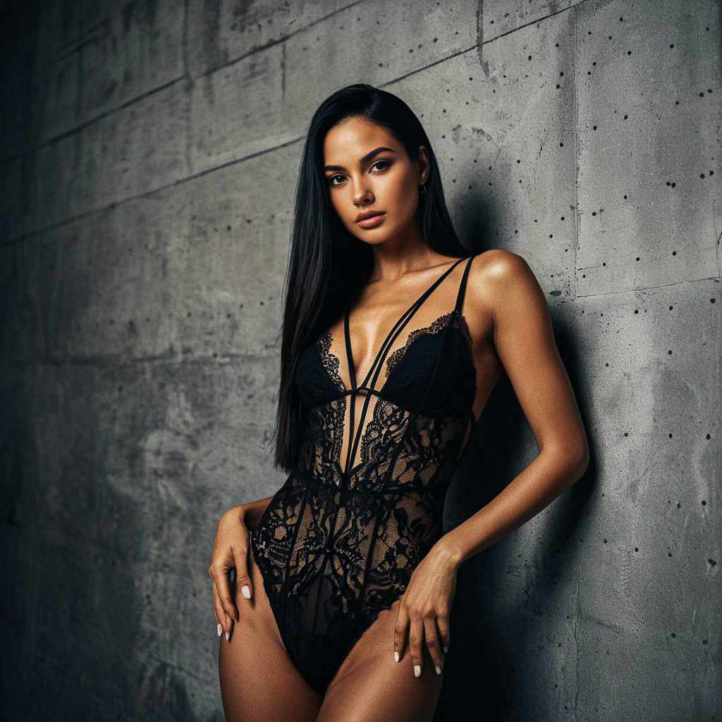 Confident Woman in Black Lace Bodysuit