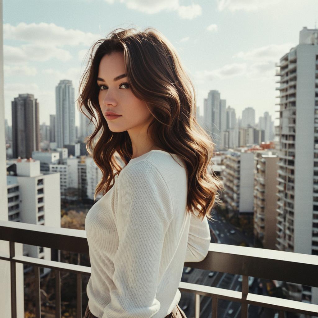 Realistic Portrait of Woman on Urban Balcony Overlooking City Skyline Realistic Portrait of Woman on Urban Balcony Overlooking City Skyline
