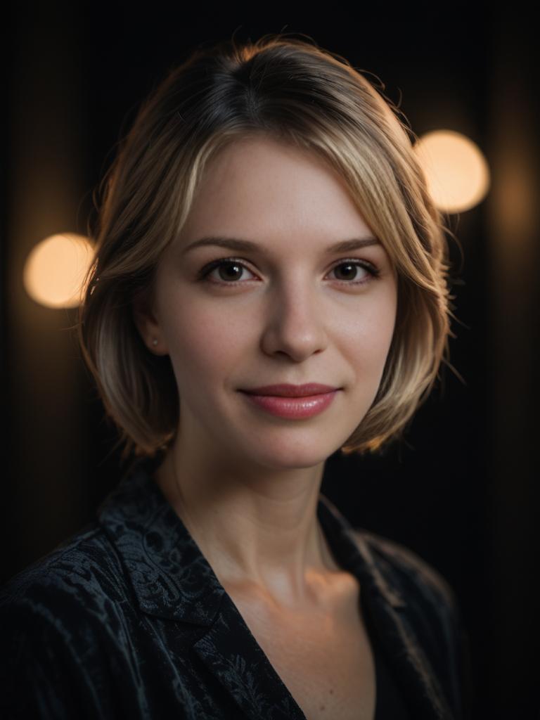 Portrait of a woman with short blonde hair and a subtle smile