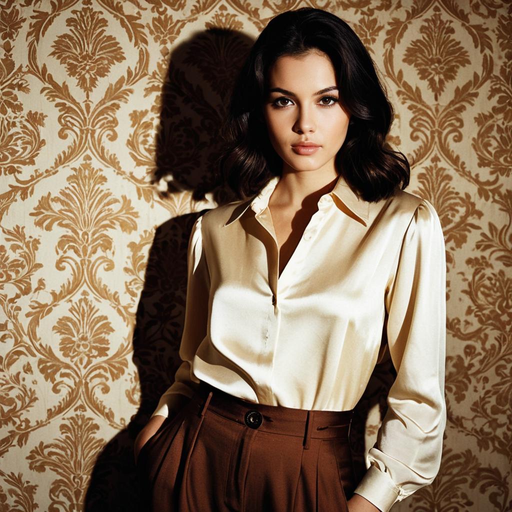 Elegant Woman in Silk Blouse and Brown Trousers with Vintage Damask Background