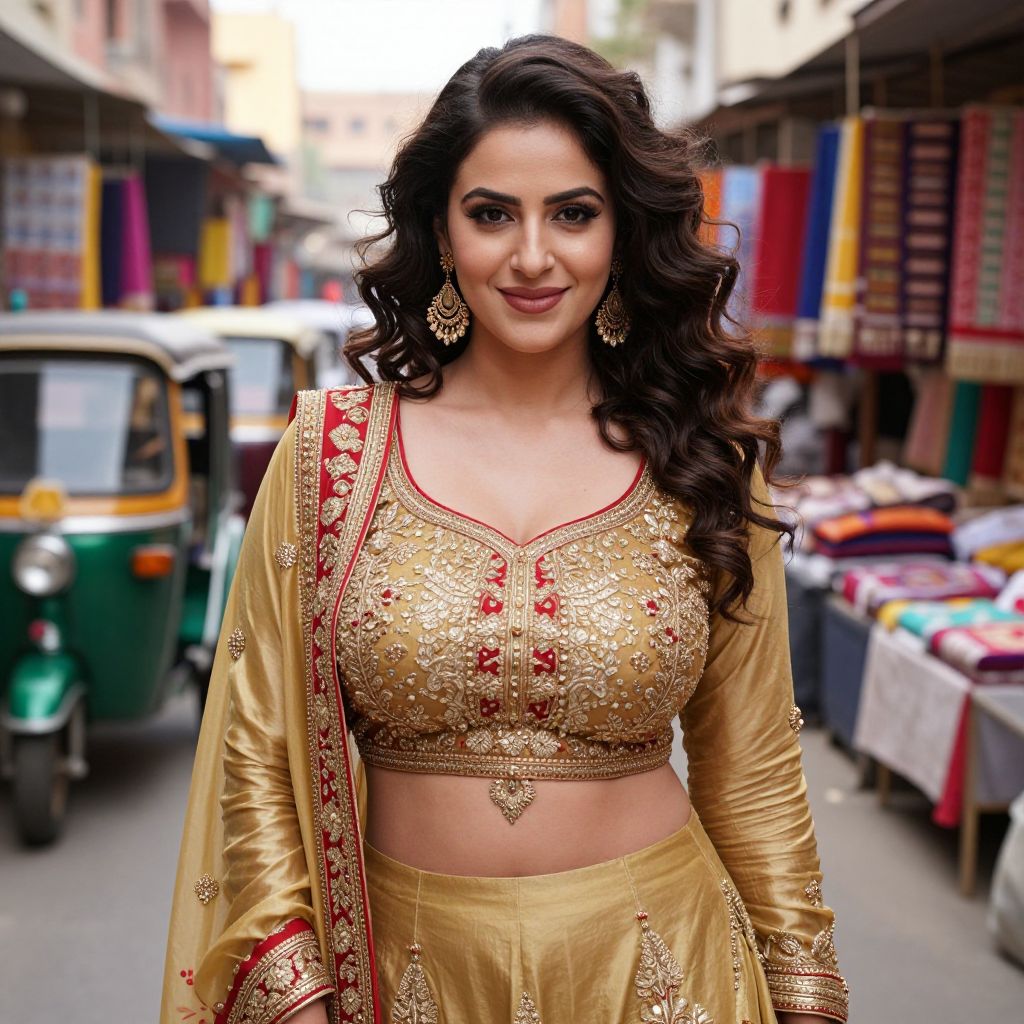 Elegant Woman in Traditional Golden Embroidery Lehenga in Busy Street Market