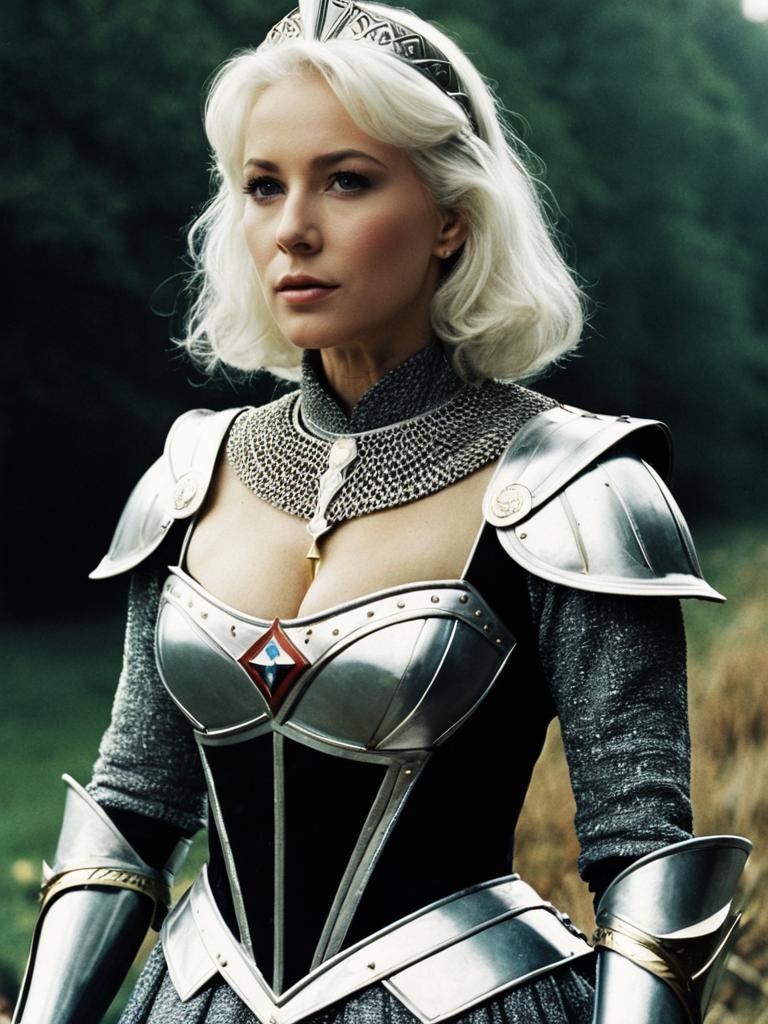 Medieval Excalibur Costume Woman in Silver Armor with Tiara